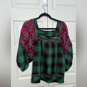Sister Mary Embroidered Plaid Boho Top Size Large Green Pink Peasant Blouse